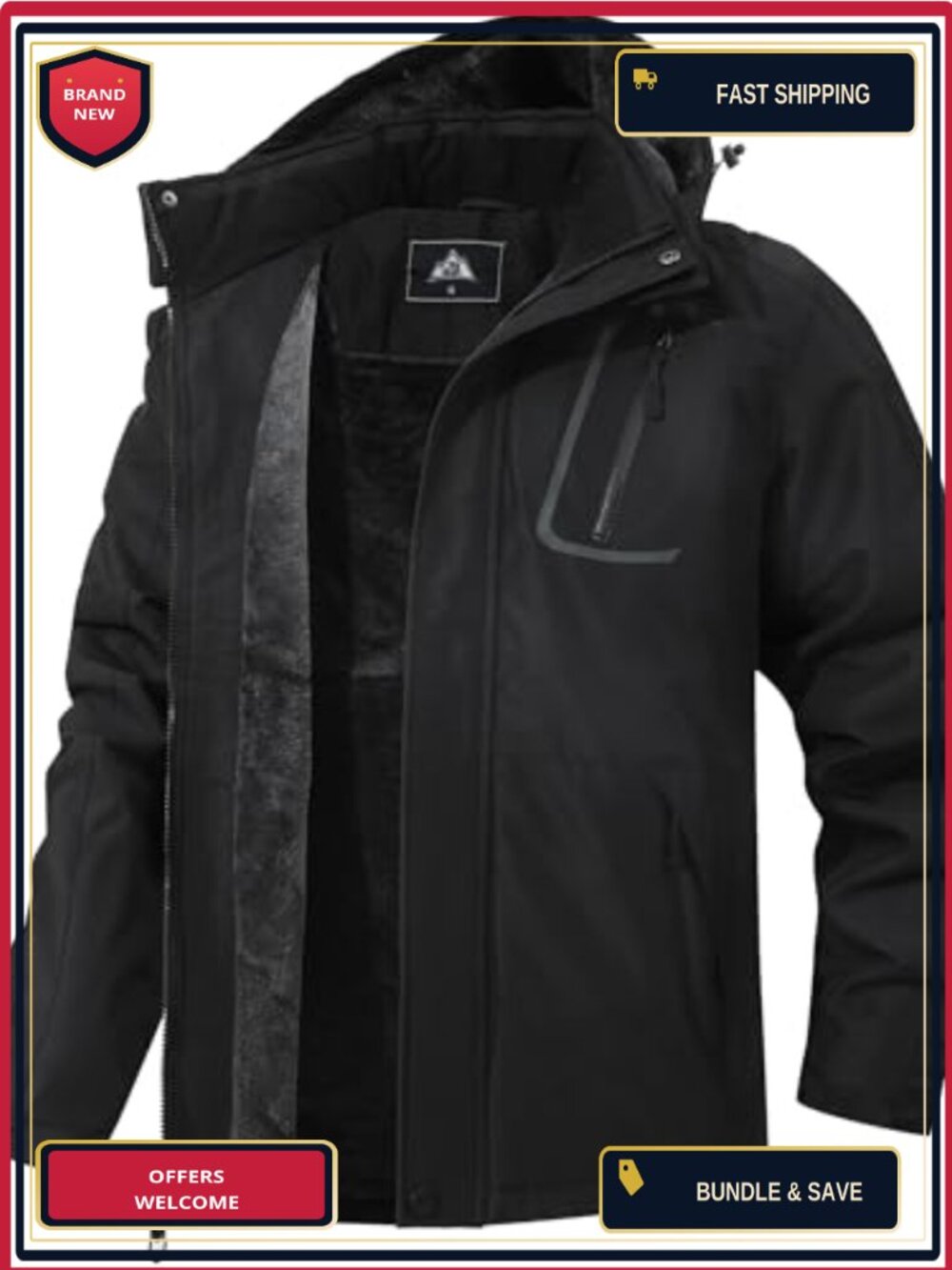 Men's Waterproof Ski Jacket with Removable Hood Fleece Lining Winter Coat
